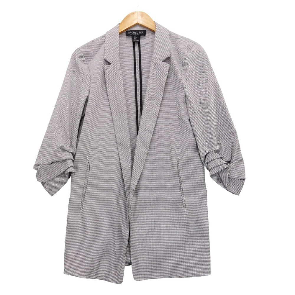 RACHEL ZOE‎ Womens Blazer Jacket Gray White Gingham Open Front Ruched Sleeve M